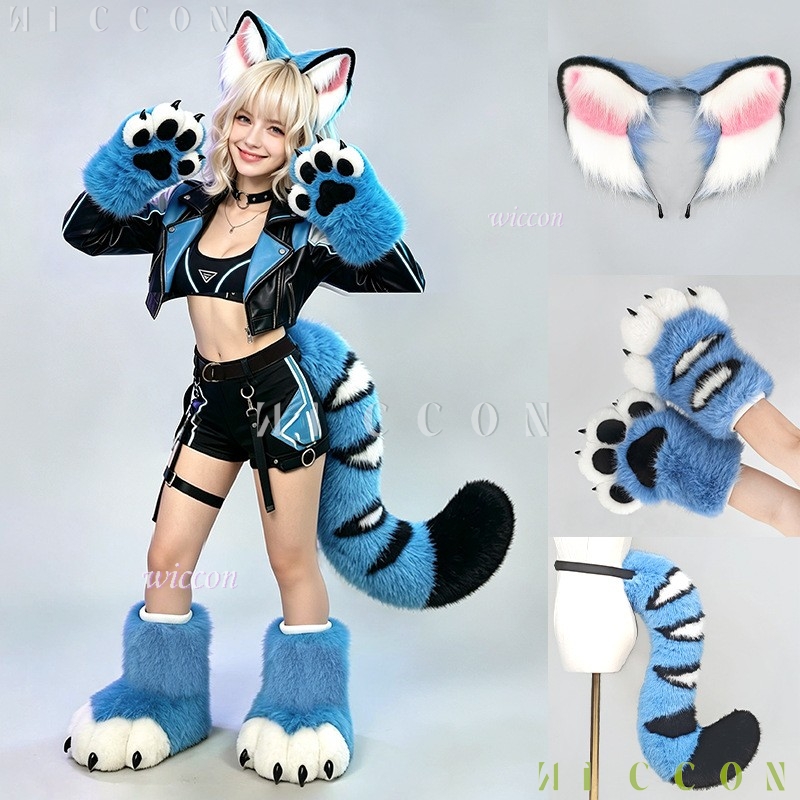 Anime Cosplay Ladies - Derpyy Blue Tiger Fursuit Oren Staart